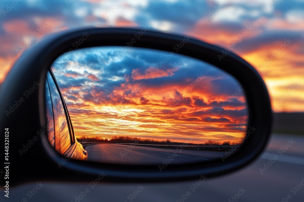 Mirror Rearview. Sunset Sky Reflection in Car Rearview Mirror with Clouds Mirror Rearview. Sunset Sky Reflection in Car Rearview Mirror with Clouds