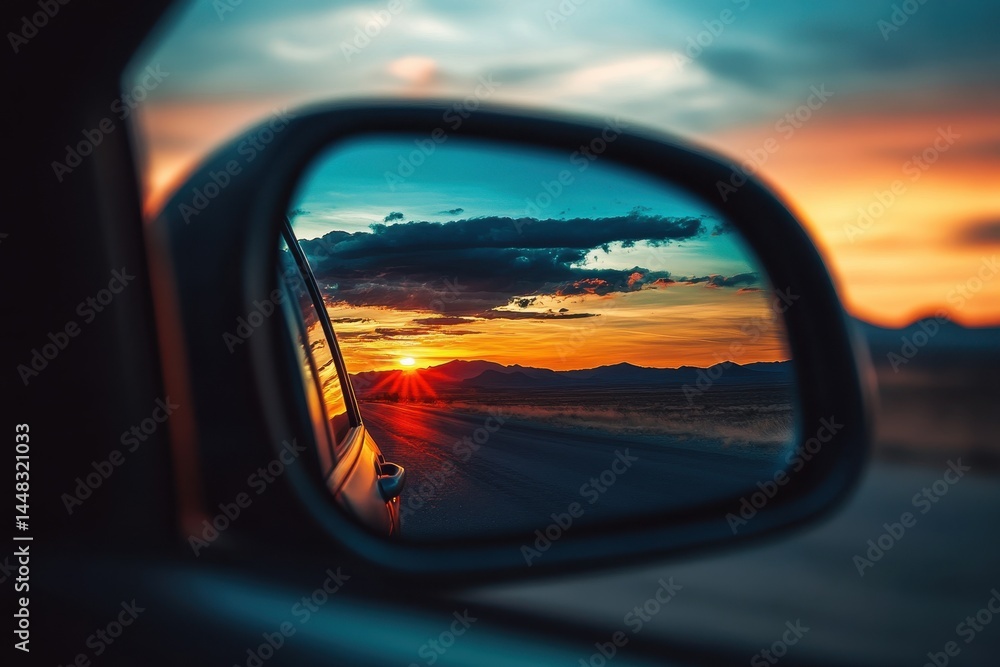 Mirror Rearview. Sunset Sky Reflecting in Car Rearview Mirror with Scenic Landscape Mirror Rearview. Sunset Sky Reflecting in Car Rearview Mirror with Scenic Landscape