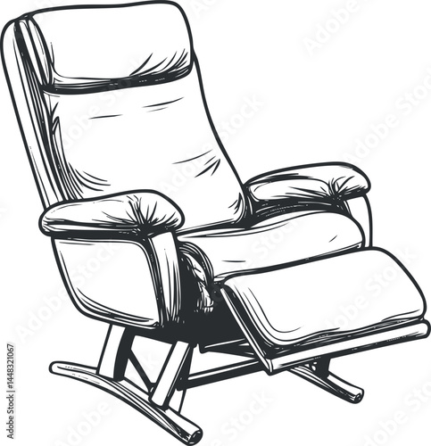 Black and white line drawing of a comfortable recliner armchair with cushioned seat and armrests