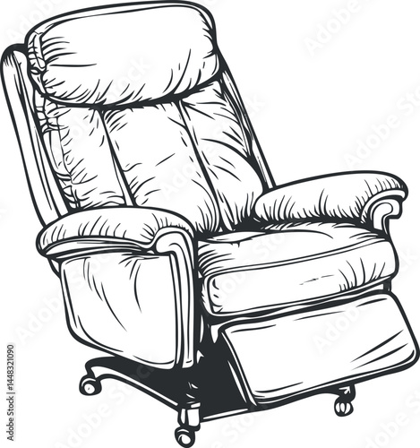 Black and white line art of a padded recliner chair with armrests and footrest for relaxation