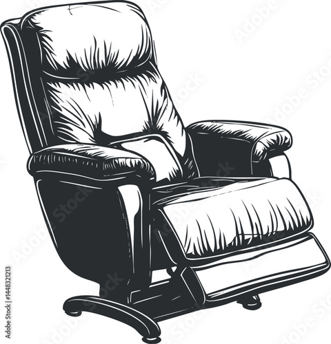 Black and white illustration of a comfortable leather recliner chair with armrests and footrest extended