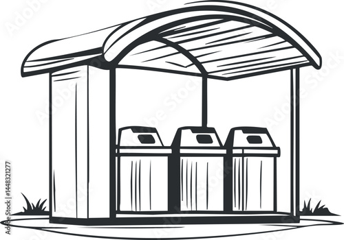 Black and white illustration of outdoor trash and recycling bins under a curved shelter for waste disposal
