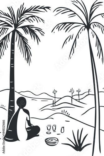 Silhouette of a person meditating peacefully in a desert landscape with palm trees and cacti around.