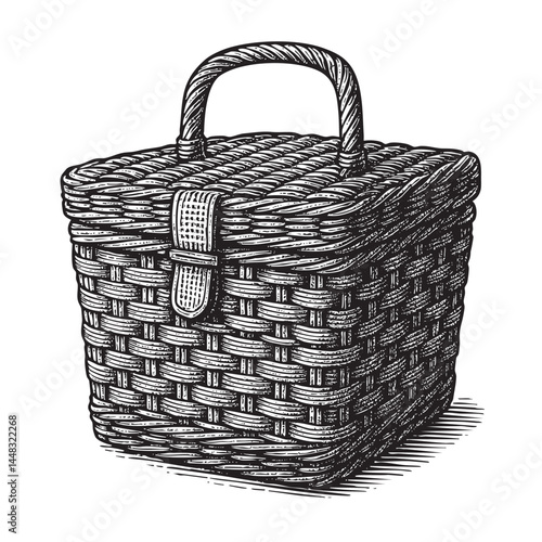 picnic basket woodcut engraving vector illustration