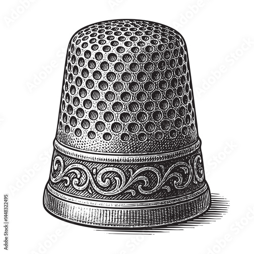 sewing thimble woodcut engraving vector illustration