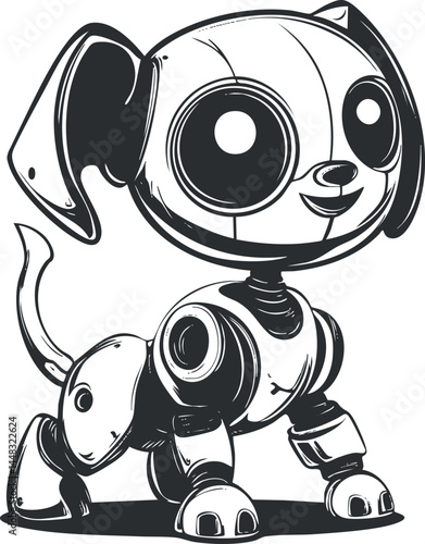 Cute cartoon robot dog with big eyes and mechanical body in black and white illustration