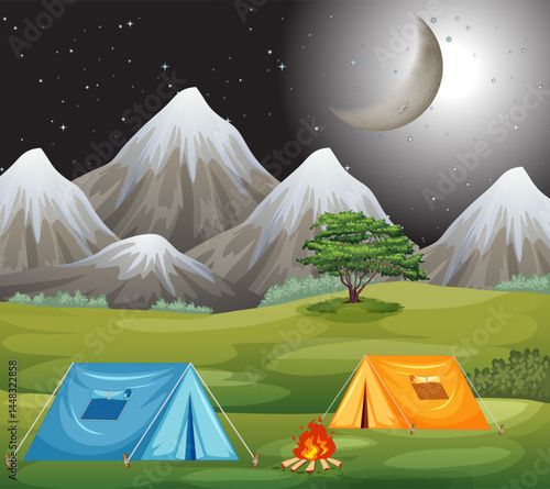 Vector Illustration of a natural scenery of camping at night