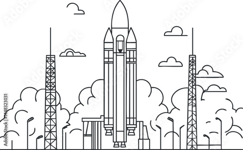 Line art illustration of a rocket on a launchpad surrounded by towers and clouds ready for takeoff