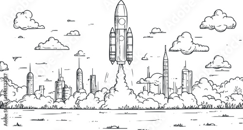 Black and white line drawing of a rocket launching into the sky above a city skyline with clouds and buildings