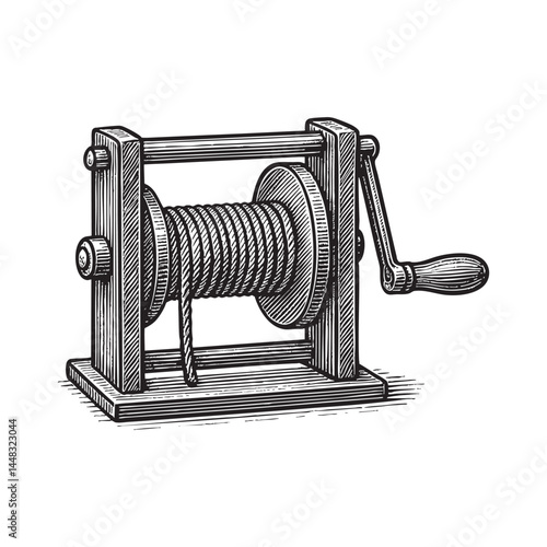 hand crank winch woodcut engraving vector illustration