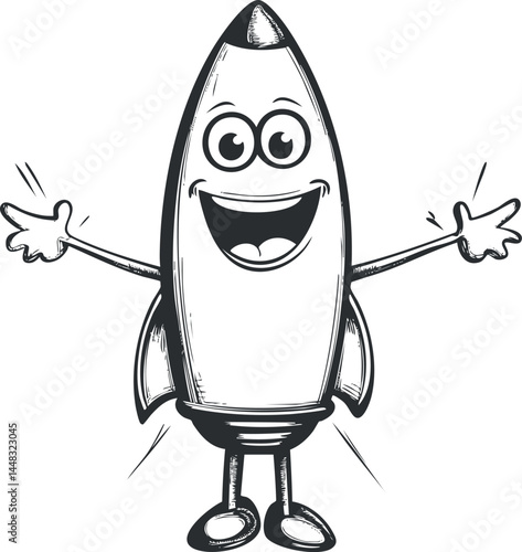 Cartoon rocket character with smiling face and open arms ready for takeoff or greeting.