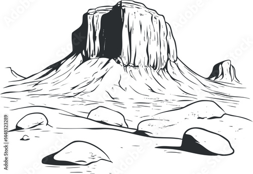 Black and white illustration of a rocky desert mountain plateau with scattered boulders and dry terrain