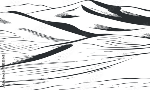 Black and white sketch of desert sand dunes with textured lines showing natural landscape