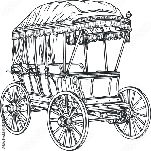 Detailed black and white line drawing of an old-fashioned horse-drawn carriage with canopy and large wooden wheels