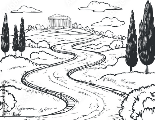 Black and white illustration of a winding road leading through hills with trees and bushes towards an ancient temple on a hilltop under a cloudy sky