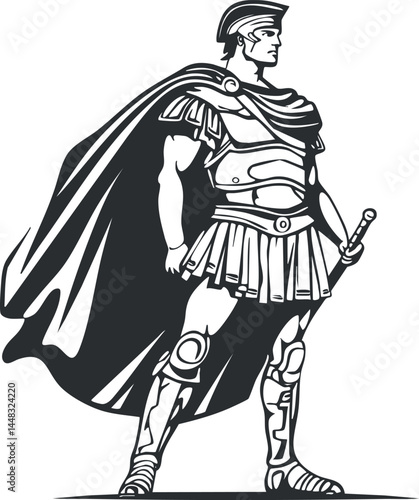 Illustration of a strong ancient Roman soldier wearing armor, helmet, and cape holding a sword.