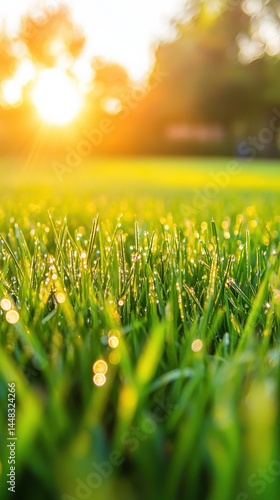 Dewy Blades of Grass Basking in the Warm Glow of the Morning Sun