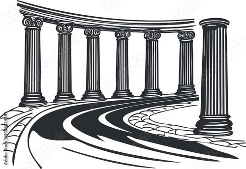 Illustration of classical curved row of ancient architectural columns or pillars in black and white