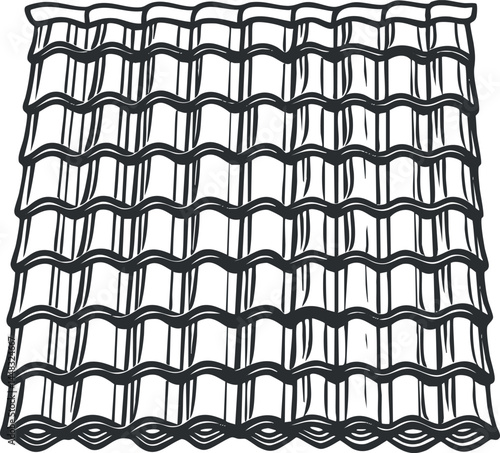 Black and white line art illustration of a roof with wavy roof tiles showing pattern and structure