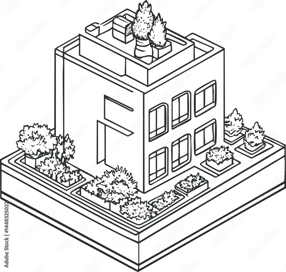 Isometric black and white line drawing of a modern building surrounded by trees and plants on a landscaped plot Isometric black and white line drawing of a modern building surrounded by trees and plants on a landscaped plot