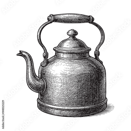 copper kettle with lid woodcut engraving vector illustration
