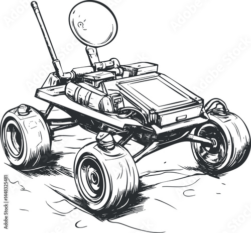 Black and white illustration of a Mars rover robot vehicle used for planetary exploration and space research missions