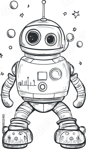 Hand-drawn sketch of a cute cartoon robot with large eyes standing in space with stars and planets