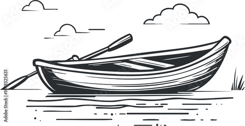 Black and white illustration of a wooden rowboat with an oar resting on calm water near shore with clouds overhead