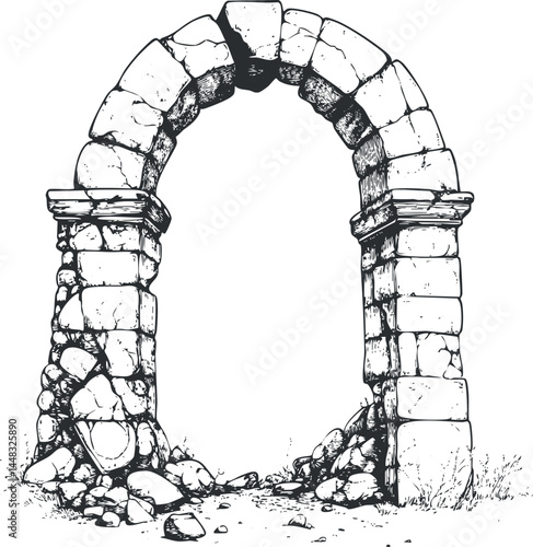 Black and white sketch of an ancient stone arch ruins with cracked and broken masonry stones