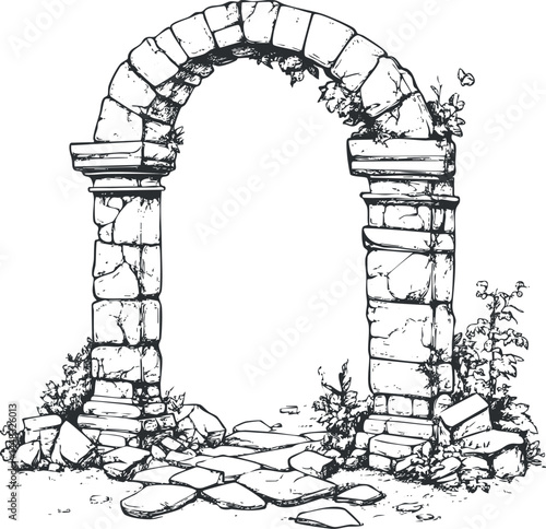Black and white illustration of an ancient stone archway with vines and broken stones around it, showing a weathered and rustic gateway.