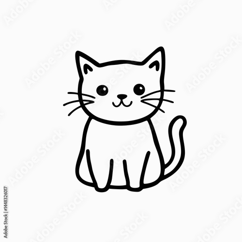 Cartoon kitten sitting with smiling face in black outline style. Concepts: children’s illustration, pet branding, vet clinic design, sticker packs, baby products, school visuals, animal blogs
