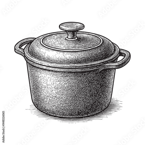 cast iron Dutch oven woodcut engraving vector illustration
