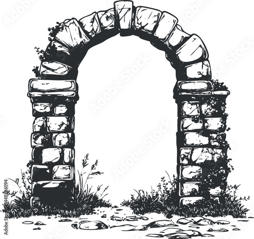Black and white illustration of an old stone archway surrounded by grass and plants with a rustic pathway