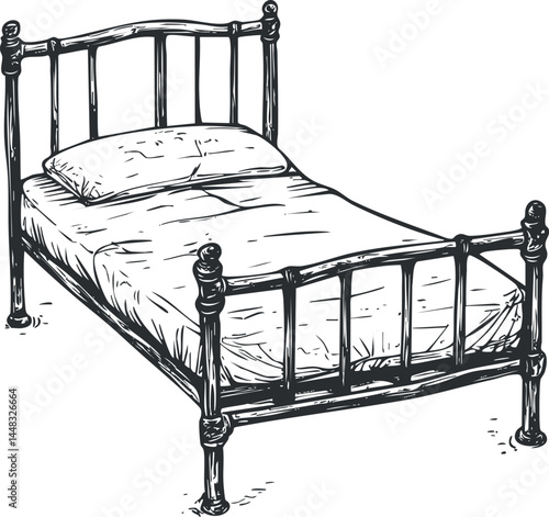 Black and white sketch of a vintage metal frame bed with mattress and pillow for sleeping