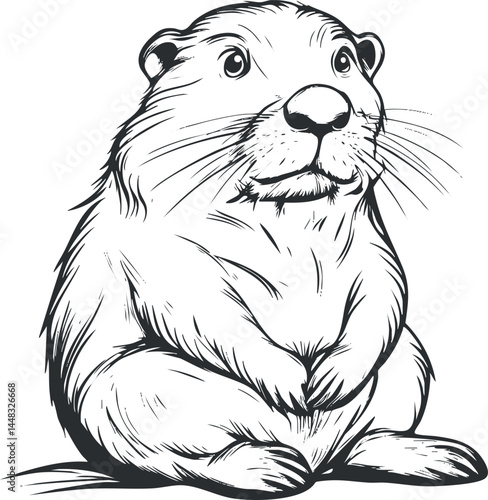 Black and white line art illustration of a cute rodent animal sitting and looking forward.