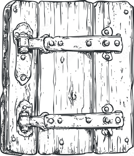 Detailed black and white sketch of an old rustic wooden door with metal hinges and fasteners