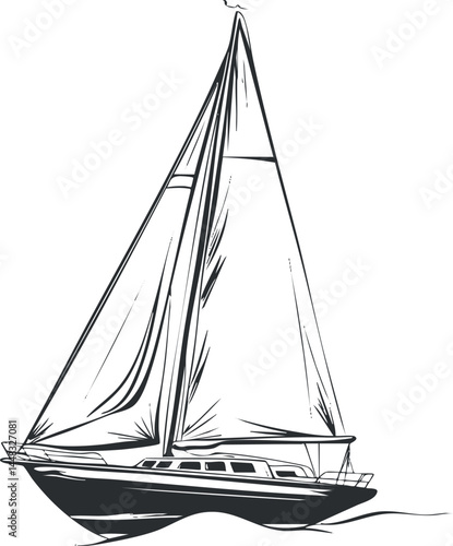 Black and white line drawing of a sailboat with sails raised on calm water