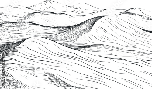 Black and white sketch of desert sand dunes with textured lines showing arid landscape outdoors