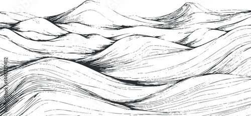 Black and white line art illustration of desert sand dunes landscape with rolling hills and ridges
