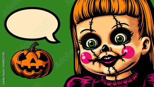 Creepy doll and pumpkin in Pop Art Halloween vector, empty speech bubble, party invitation poster