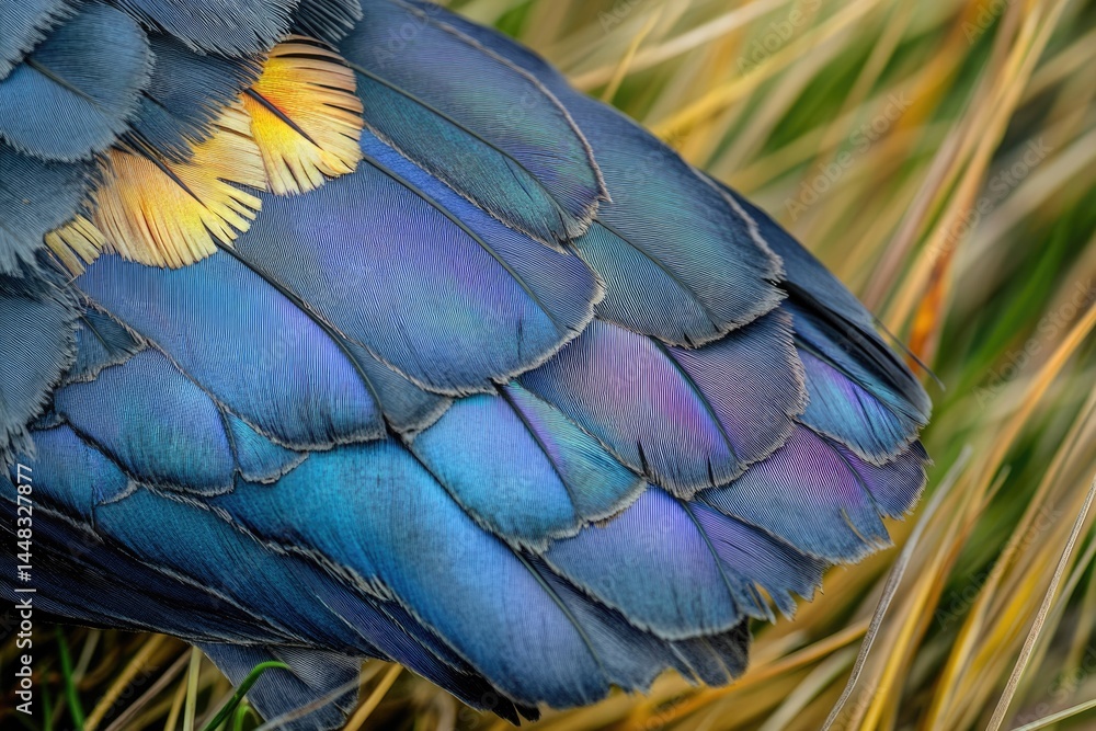 Obraz premium Close-up of vibrant blue and yellow bird feathers with detailed texture, set against a background of dry grass.