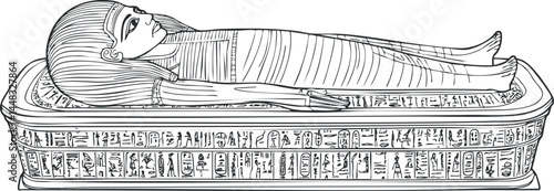 Detailed black and white illustration of an ancient Egyptian mummy in a decorated sarcophagus with hieroglyphs