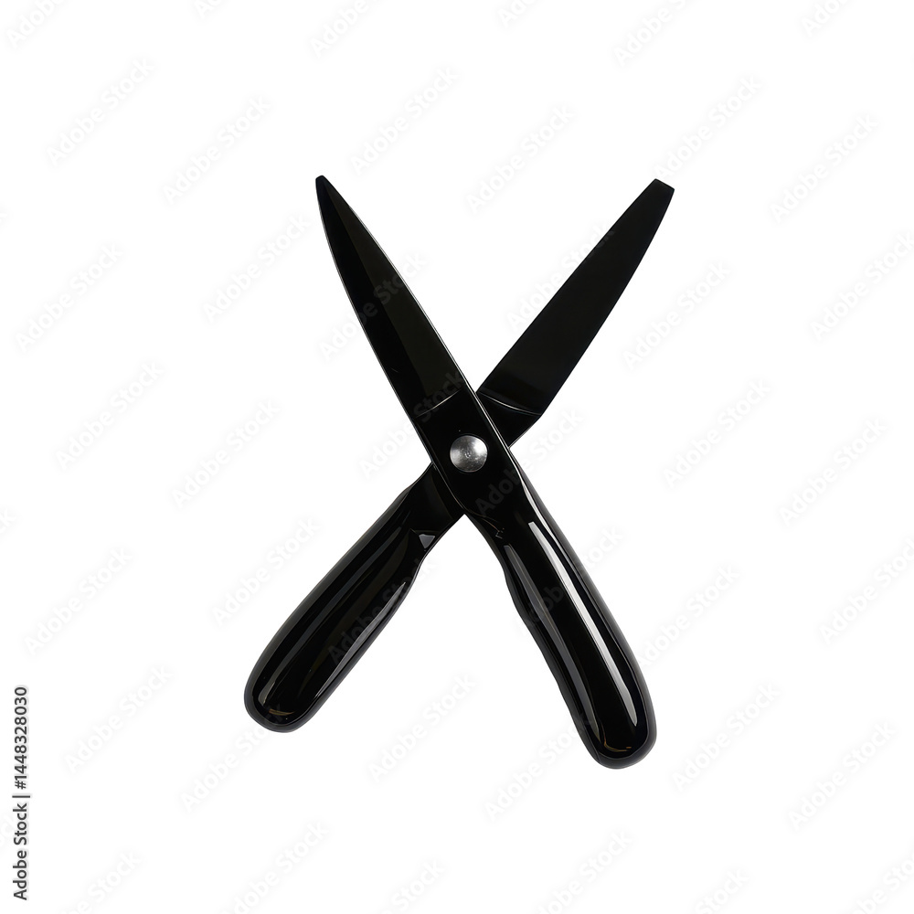 Close-up of black scissors with shiny blades crossed over each other on transparent background for crafting sewing or cutting activities and tools. Close-up of black scissors with shiny blades crossed over each other on transparent background for crafting sewing or cutting activities and tools.