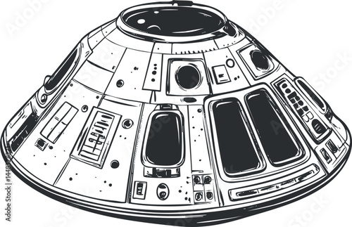Black and white illustration of a spacecraft capsule used for space travel and exploration missions in outer space.