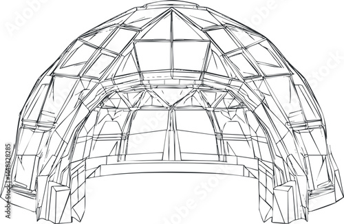 Wireframe 3d model of a geodesic dome structure showcasing architectural and engineering design