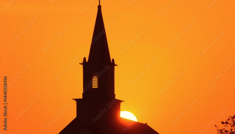 Silhouette of a Church Against an Orange Sunset Background Silhouette of a Church Against an Orange Sunset Background