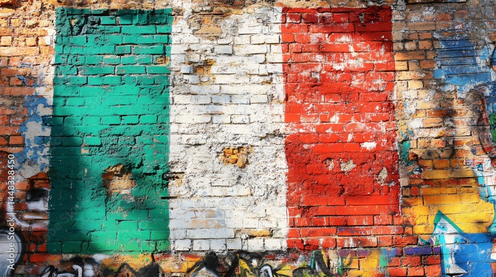 Naklejka premium Colorful flag painted on a weathered brick wall.