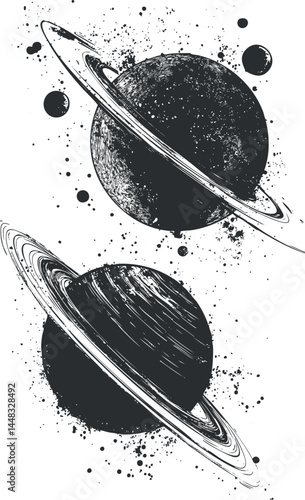 Black and white illustration of two ringed planets in space with textured splashes and celestial elements