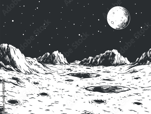 Black and white illustration of a moon surface landscape with craters, mountains, and starry night sky.