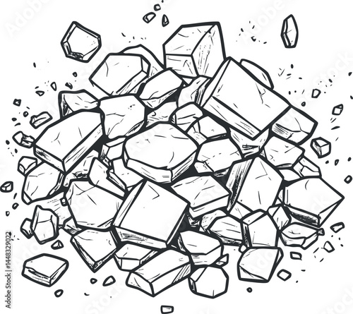 Black and white illustration of a pile of broken and cracked rocks and stones scattered in a heap